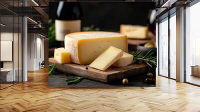 A gourmet cheese on a wooden board surrounded by herbs, with a backdrop of wine and a dark, rustic setting, conveying sophistication and culinary expertise. Wall mural