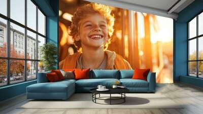 A joyful child with curly blond hair beams with happiness, wearing casual clothing and a backpack, as they experience excitement and carefree joy of school life. Wall mural