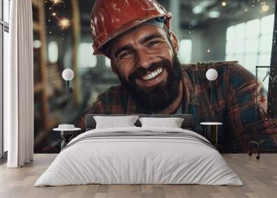 A lively construction worker with a beard smiles brightly among flying sparks on a busy construction site, depicting hard work, excitement, and craftmanship. Wall mural