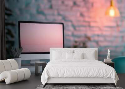 A modern desktop setup with a computer displaying a serene ocean view, enhanced by a cozy atmosphere with warm lighting, promoting relaxation and focus. Wall mural