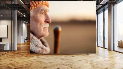 A person in cozy autumn attire, including a knit hat and scarf, holding a wooden cane, stands in a calm field during sunset, exuding a peaceful atmosphere. Wall mural