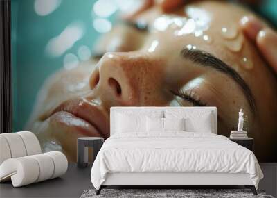 A serene moment in a spa shows a close-up of a person's face during a facial treatment, highlighting tranquility and relaxation with a soothing aqua glow. Wall mural