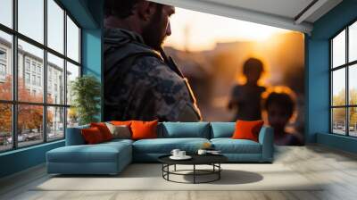 A soldier in camo uniform stands with his back facing the camera, watching children playing in a war-torn area during sunset, symbolizing hope amidst conflict. Wall mural