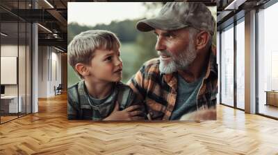 A touching scene of an old man and a young child sharing a heartfelt moment outdoors, highlighting themes of love, wisdom, and intergenerational bonds in nature. Wall mural