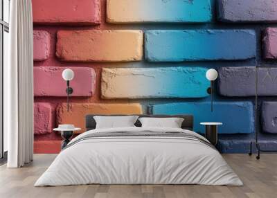 A visually striking image of a brick wall painted with a gradient of vivid colors, symbolizing creativity, diversity, and artistic expression through a blend of hues. Wall mural