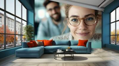 A woman with glasses and curly hair, smiling brightly, with two blurred figures behind her in a modern office setting, emitting a welcoming and friendly vibe. Wall mural