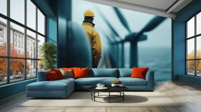 A worker in a yellow raincoat and hard hat is standing on an offshore wind turbine platform. The ocean and several large wind turbines are visible in the background. Wall mural