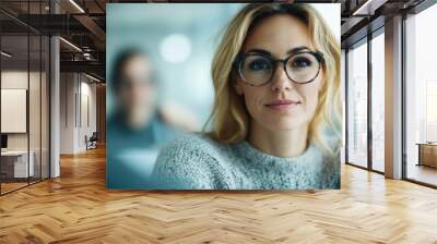 A young woman with glasses and an observant expression sits indoors, capturing a modern, thoughtful ambiance that conveys curiosity and intellectual engagement in a casual setting. Wall mural