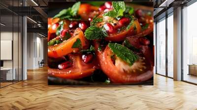 An appetizing salad featuring ripe tomato slices and juicy pomegranate seeds, accented with fresh mint leaves for a refreshing and colorful culinary experience. Wall mural