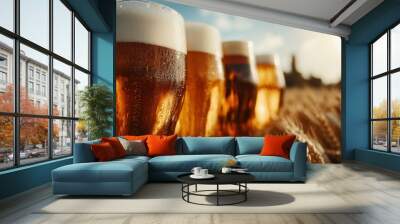 An array of full beer glasses glistening in the golden sunlight, set against a field of wheat, creating a lively and warm atmosphere of abundance and enjoyment. Wall mural