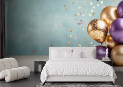 An array of purple and gold balloons adorned with flecks of gold confetti, set against a serene teal background, perfect for any joyous occasion. Wall mural