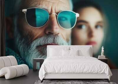 An elderly man with grey hair and beard wears teal sunglasses and a blue scarf, posing in a thoughtful expression with a young woman blurred in the background, against a dark teal backdrop. Wall mural