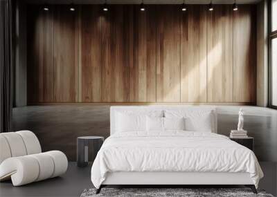 An empty modern studio space featuring a large wooden wall and polished concrete floor, bathed in sunlight streaming through wide glass windows on two sides. Wall mural