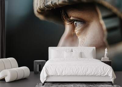 An extreme close-up shot focusing on a soldier’s helmet and combat gear, showcasing intricate details of military equipment and texture. Wall mural