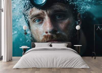 An introspective bearded diver looks thoughtfully through his goggles while submerged, capturing the blend of adventure and contemplation in underwater exploration. Wall mural