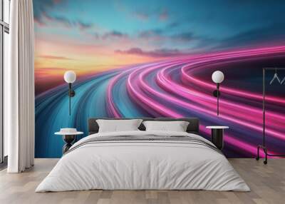 Road with illuminated pink light trails curving under a vivid evening sky, presenting a stunning visualization of movement, travel, and modern night aesthetics. Wall mural