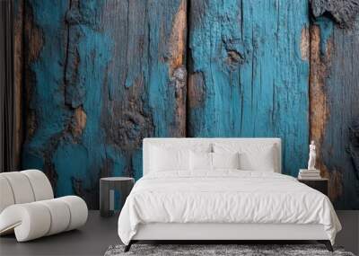 This close-up image of weathered blue wood texture reveals fascinating unique patterns, highlighting the rustic and timeless charm of aged wood combined with modern, vibrant hues. Wall mural