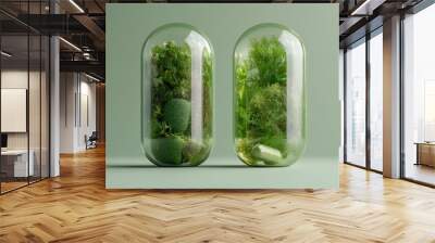 Two capsules, each filled with a variety of green leaves and herbs, represent the beauty and essence of nature enclosed within a transparent, modern design. Wall mural