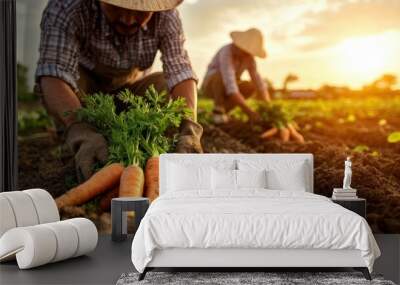 Two diligent farmers work intently, harvesting bright carrots in a vast open field, encapsulating teamwork and perseverance as the sun sets in the horizon. Wall mural