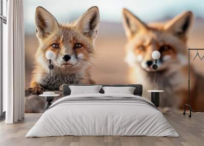 Two foxes peek out among rocks in an arid region, with one in focus showing a curious expression, creating an intriguing wildlife portrait. Wall mural