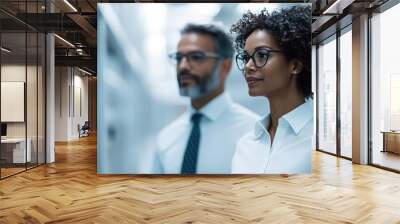 Two professionals, a man and a woman, standing close while analyzing high-tech lab equipment, highlighting analysis and precision with a keen focus on scientific endeavors. Wall mural