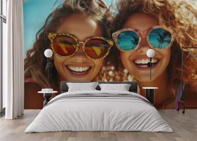 Two smiling women in colorful sunglasses pose for a selfie on a sunny beach, with clear blue skies and palm tree reflections in their lenses. Wall mural