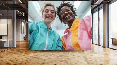 Two women are looking at the camera and smiling broadly while wearing vibrant, colorful outfits in an indoor setting, creating a lively and cheerful atmosphere. Wall mural