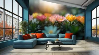 Various colorful flowers are seen blooming energetically, basking in the soft morning sunlight, embodying freshness and life in a botanical garden setting. Wall mural