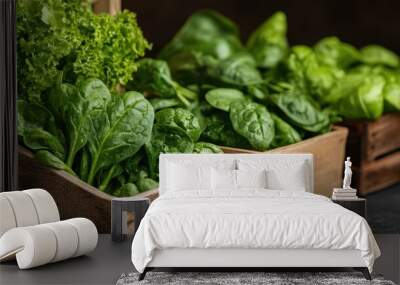 Wooden crates brimming with fresh leafy greens, showcasing a variety of healthy vegetables neatly organized, evoking garden-fresh allure and wholesome appeal. Wall mural