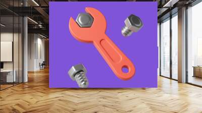 simple yellow wrench tightens the nut and with the nuts around 3d render illustration. Wall mural