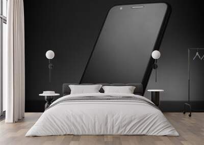 black and white photo of standing upright smartphone on reflective surface  Wall mural