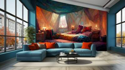 Cosy and colorful bohemian room concept art illustration Wall mural