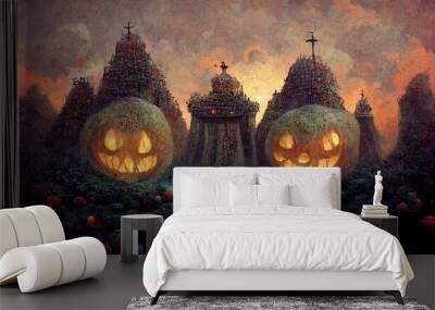 Spooky halloween pumpkin garden temple concept art creepy illustration Wall mural