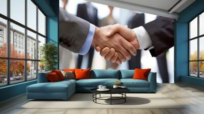 A close-up image of a business handshake between two individuals, with a group of colleagues blurred in the background, symbolizing professional agreement and teamwork. Wall mural