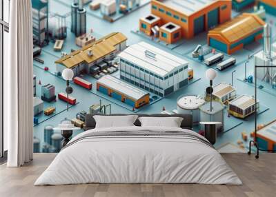 A detailed aerial view of a modern industrial complex featuring multiple factories and warehouses, showcasing the structured and organized layout of industry facilities. Wall mural