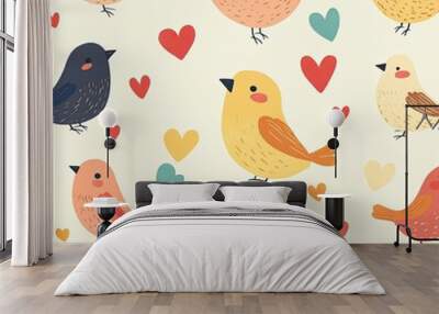 Colorful Birds and Hearts Pattern Design for Creative Projects Wall mural