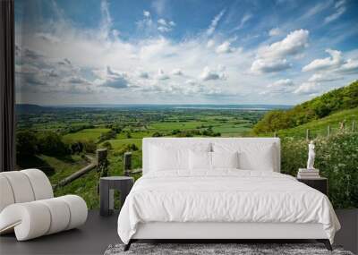 Country landscape with vast green lands under a cloudy day in Cotswolds, UK Wall mural