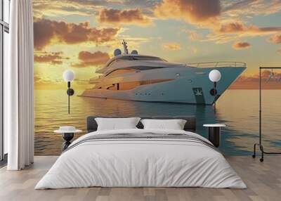 Luxurious Yacht Sailing at Sunset over Calm Waters Wall mural