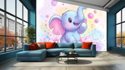 Playful Cartoon Elephant in a Bubble Bath Wall mural