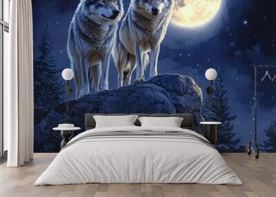 Two Wolves Under a Full Moon in a Starry Night Sky Wall mural