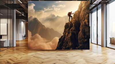 Climber man climbing a large mountain at sunset. The concept of mountain tourism, travel, leadership, on the top. Wall mural