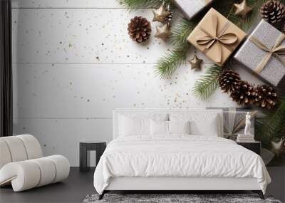 Christmas Greetings in Light Tones with Gifts, Fir Branches, and Snowflakes on White Wooden Background Wall mural