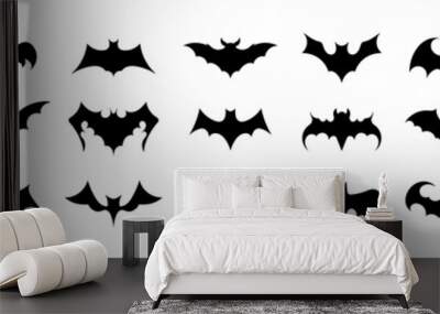 Bats icons set. Black flat silhouettes of bats. Vector illustration isolated on white background. Wall mural