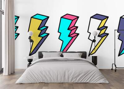 Lightning illustration in trendy retro  style. Cartoon thunderbolt 80s-90s in comic style. Trendy pop art, drawing, sticker for print. Vector isolated on white background. Wall mural