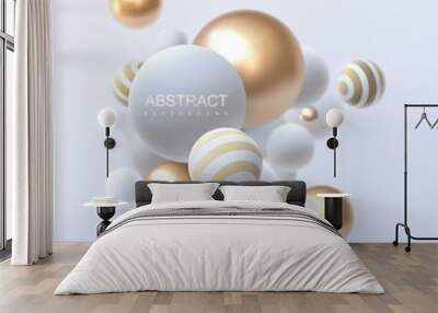 3d flowing spheres. Vector abstract illustration of white and golden balls cluster. Modern trendy concept. Dynamic decoration element. Futuristic poster or cover design Wall mural