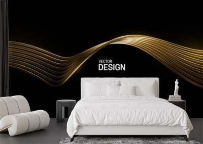 Abstract golden wave isolated on black background. Vector 3d illustration. Golden wires stream. Luxury flowing shape. Smooth liquid object. Minimal decoration element for design Wall mural