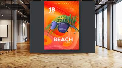 Beach party flyer design. Electronic music festival poster. Summertime event. Multicolored cover with sunglasses and palm leaf. Vector illustration. Abstract background. Club invitation template. Wall mural