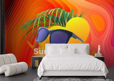 Hello Summer. Vector summertime illustration. Realistic 3d sunglasses, palm leaf and liquid gradient color shape on wavy background. Seasonal poster. Fashion eyewear accessory design. Wall mural