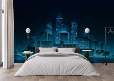 Night cityscape with neon lights. Vector architectural illustration. Nightlife urban concept. City skyline reflected in water. Wall mural