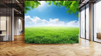 green grass field leaf foliage and blue sky Wall mural